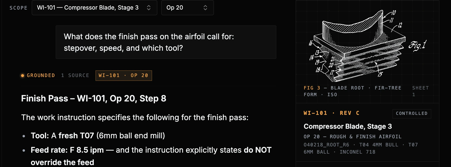 A grounded OperBot answer: the tool, the feed rate and the do-not-override note pulled straight from the work instruction, with the WI-101 · Op 20 source chip underneath.