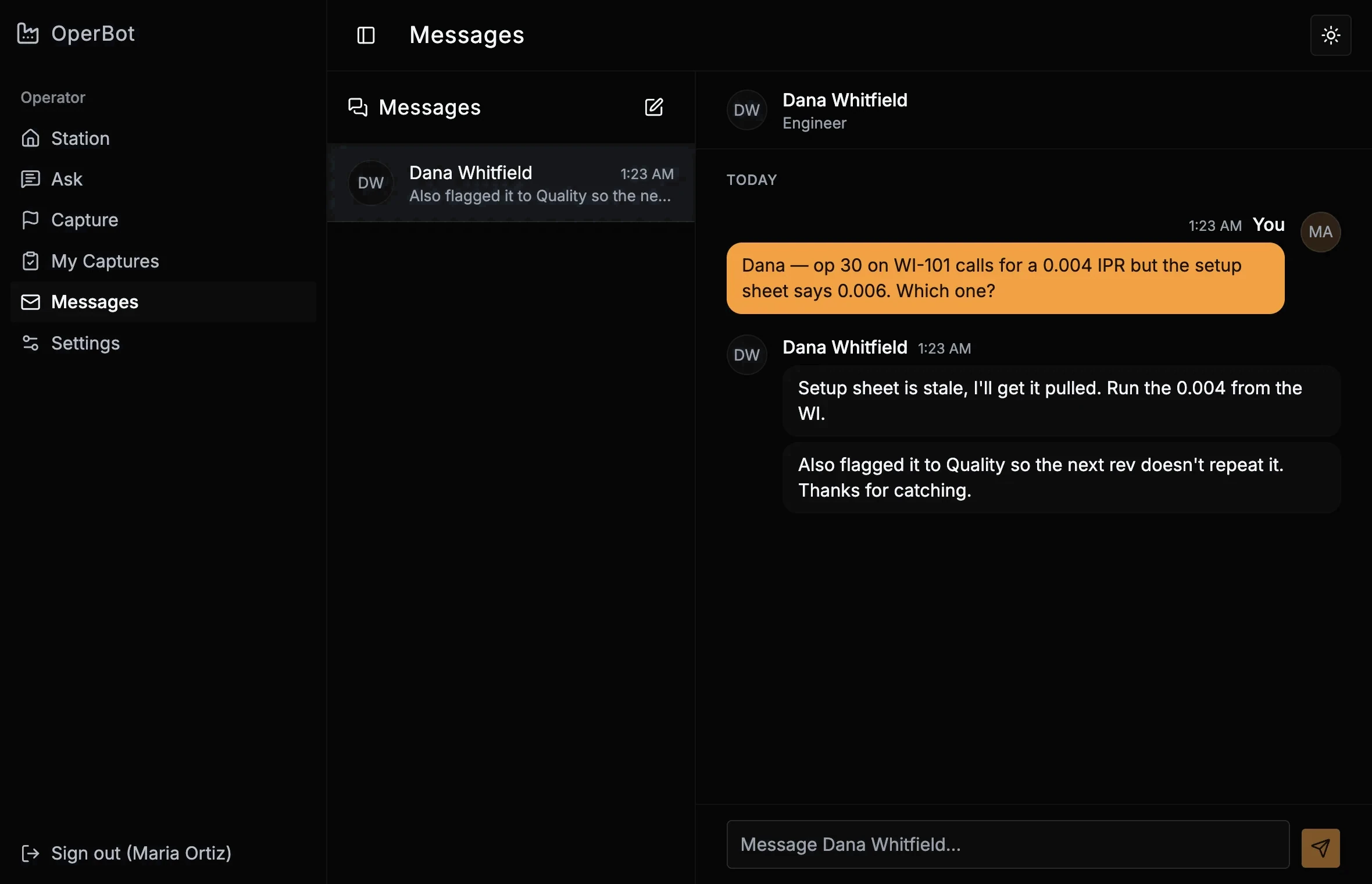 Direct messages between an operator and an engineer resolving a feed-rate conflict between the work instruction and a stale setup sheet.